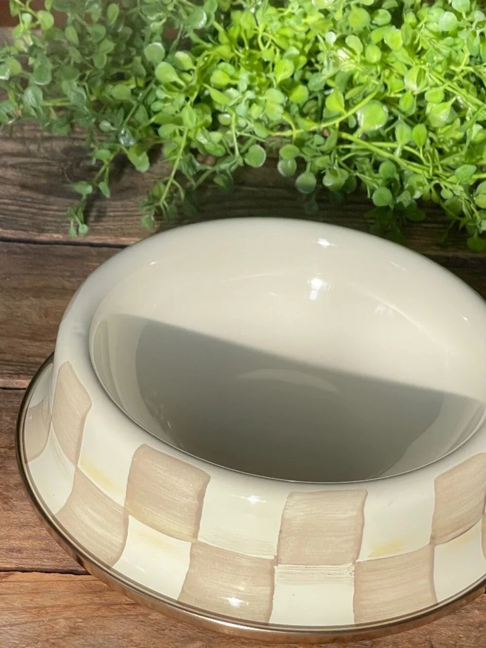 MacKenzie-Childs Mocha Check Small Pet Dish – Enamel Dog Cat Bowl-NWT